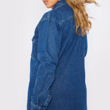 PLUS SIZE LONG DENIM SHIRT - MID BLUE - JMOJO - Women's Oversize Denim Shirts
