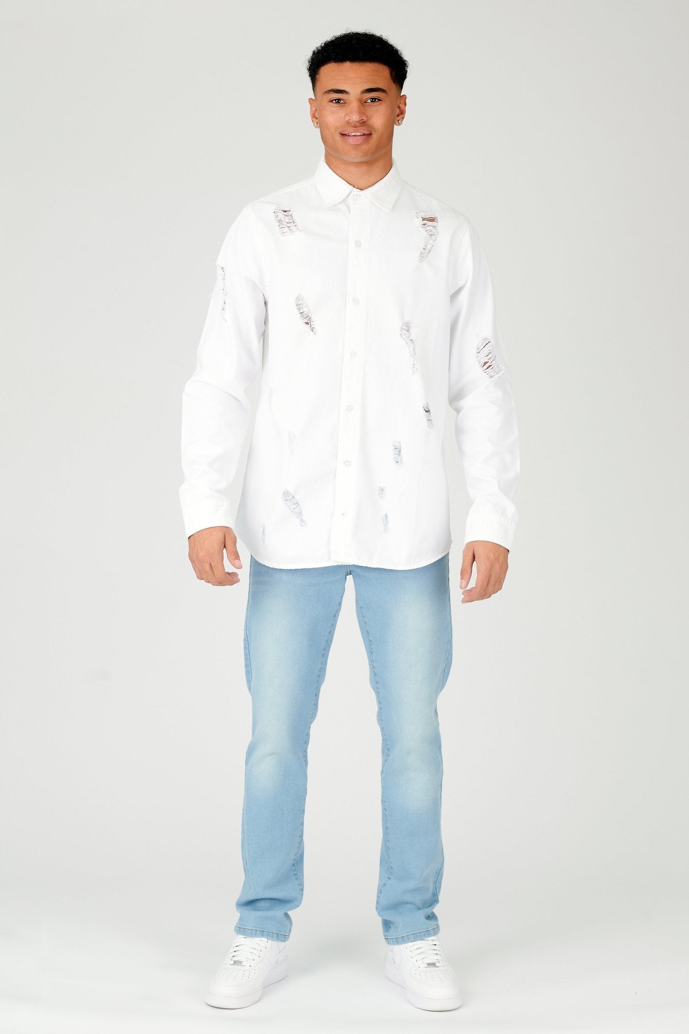 REGULAR FIT RIPPED DENIM SHIRT - WHITE - JMOJO - Men's Denim Shirts