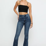 SERAPHI High Waisted Fitted Flare Jeans - Mid Blue - JMOJO - Women's Flare Jeans