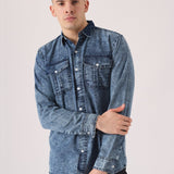 SLIM FIT DENIM SHIRT - BLUE ACID WASH - JMOJO - Men's Denim Shirts