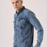 SLIM FIT DENIM SHIRT - BLUE ACID WASH - JMOJO - Men's Denim Shirts