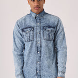 SLIM FIT DENIM SHIRT - LIGHT BLUE ACID WASH - JMOJO - Men's Denim Shirts