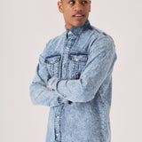 SLIM FIT DENIM SHIRT - LIGHT BLUE ACID WASH - JMOJO - Men's Denim Shirts