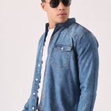 SLIM FIT DENIM SHIRT - MID BLUE WASH - JMOJO - Men's Denim Shirts
