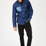 SLIM FIT DISTRESSED DENIM SHIRT - SHADED INDIGO BLUE - JMOJO - Men's Denim Shirts