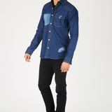 SLIM FIT DISTRESSED DENIM SHIRT - SHADED INDIGO BLUE - JMOJO - Men's Denim Shirts