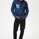 SLIM FIT DISTRESSED DENIM SHIRT - SHADED INDIGO BLUE - JMOJO - Men's Denim Shirts
