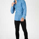 SLIM FIT GRANDAD COLLAR DENIM SHIRT - BLUE - JMOJO - Men's Denim Shirts