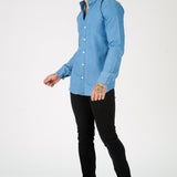 SLIM FIT GRANDAD COLLAR DENIM SHIRT - BLUE - JMOJO - Men's Denim Shirts