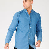 SLIM FIT GRANDAD COLLAR DENIM SHIRT - BLUE - JMOJO - Men's Denim Shirts