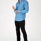 SLIM FIT GRANDAD COLLAR DENIM SHIRT - BLUE - JMOJO - Men's Denim Shirts