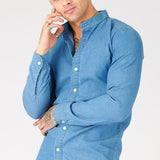 SLIM FIT GRANDAD COLLAR DENIM SHIRT - BLUE - JMOJO - Men's Denim Shirts