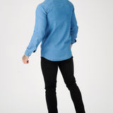 SLIM FIT GRANDAD COLLAR DENIM SHIRT - BLUE - JMOJO - Men's Denim Shirts
