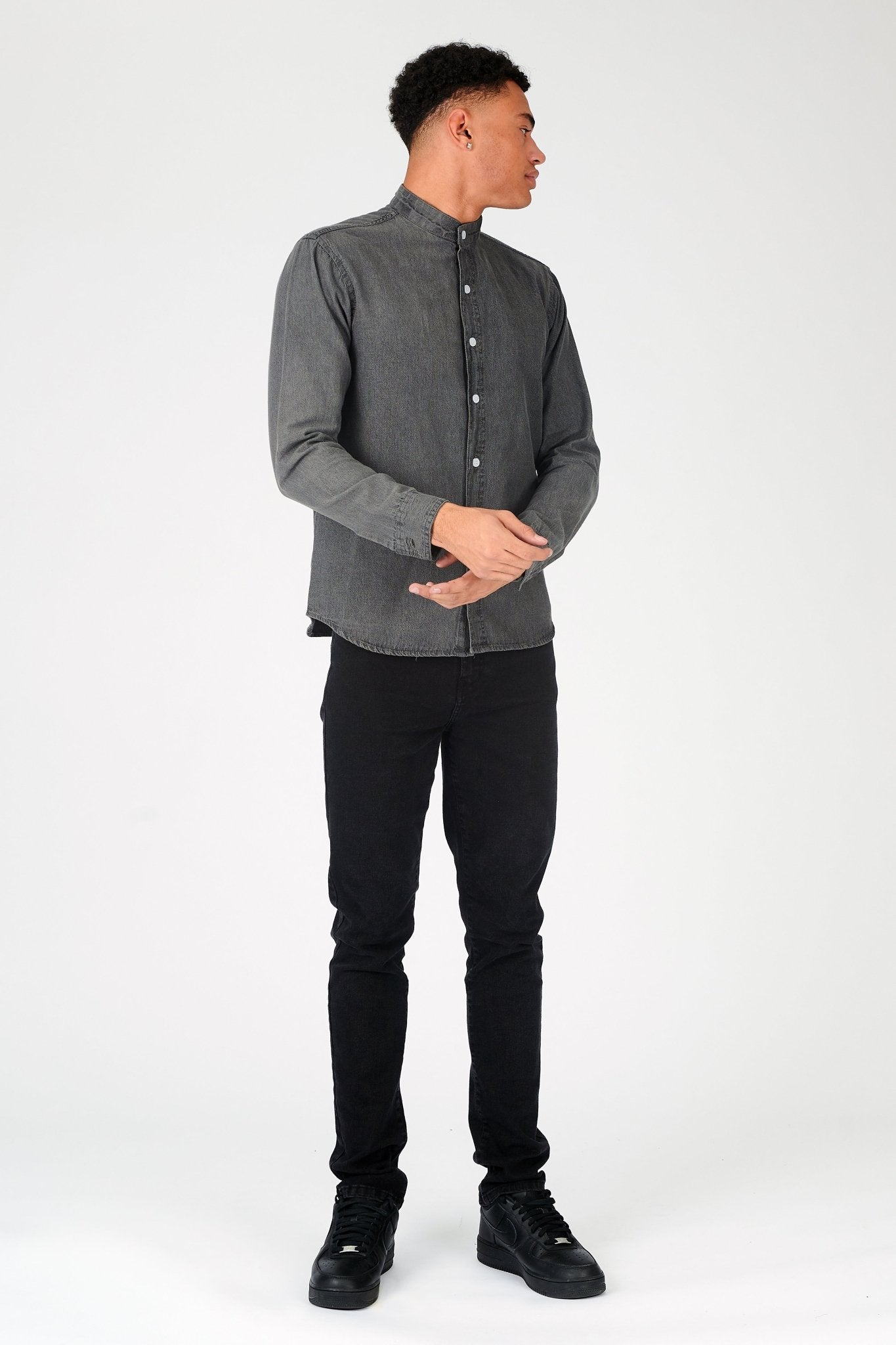 SLIM FIT GRANDAD COLLAR DENIM SHIRT - GREY - JMOJO - Men's Denim Shirts