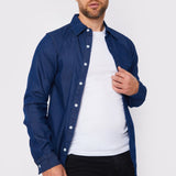 SLIM FIT LONGLINE DENIM SHIRT - DARK BLUE - JMOJO - Men's Denim Shirts
