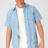 SLIM FIT LONGLINE SHORT SLEEVE DENIM SHIRT - LIGHT BLUE WASH - JMOJO - Men's Denim Shirts