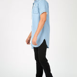 SLIM FIT LONGLINE SHORT SLEEVE DENIM SHIRT - LIGHT BLUE WASH - JMOJO - Men's Denim Shirts