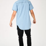 SLIM FIT LONGLINE SHORT SLEEVE DENIM SHIRT - LIGHT BLUE WASH - JMOJO - Men's Denim Shirts