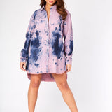 TIE DYE OVERSIZED LONG SLEEVE DENIM SHIRT - PINK BLUE - JMOJO - Women's Oversized Printed Denim Shirts
