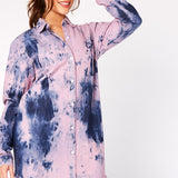 TIE DYE OVERSIZED LONG SLEEVE DENIM SHIRT - PINK BLUE - JMOJO - Women's Oversized Printed Denim Shirts