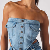 Ashline Denim Pocket Corset Lace Up Back - Light Blue Wash