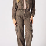 Dovie High Waisted Wide Leg Cargo Jeans - Chocolate Brown
