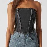 Gina Raw edges Denim Corset Top - Black Wash