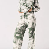 Stonewash Tie-Dye Pintuck Wide Leg Joggers - Green