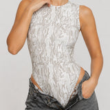 Lyra Printed Racer Neck Bodysuit - Light Grey