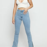 Aurelia High Waisted Split Hem Flare Jeans - Light Blue