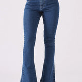 Lyra High Waisted Frayed Hem Flare Jeans - Mid Blue Denim
