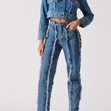 Maia Two Tone Distressed Denim Crop Jacket - Light Blue