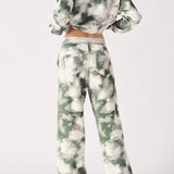 Stonewash Tie-Dye Pintuck Wide Leg Joggers - Green