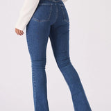 Lyra High Waisted Frayed Hem Flare Jeans - Mid Blue Denim