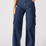 Luxzi High Waisted Wide Leg Cargo Jeans - Blue