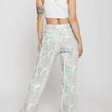 Noor Printed Straight Leg Jeans Frayed Seam - Light Green