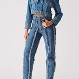 Maia Two Tone Distressed Denim Crop Jacket - Light Blue
