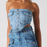 Ashline Denim Pocket Corset Lace Up Back - Light Blue Wash