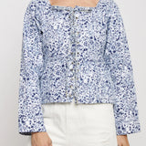 Timber Marble Print Lace Up Top Long Sleeve - Navy Blue