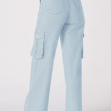 Dexe High Waisted Wide Leg Cargo Jeans - Light Blue