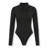 Thalia Ruched Mock Neck Bodysuit – Black