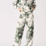 Stonewash Tie-Dye Pintuck Wide Leg Joggers - Green