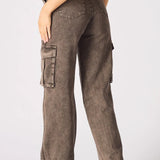 Dovie High Waisted Wide Leg Cargo Jeans - Chocolate Brown