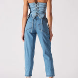 Ashline Denim Pocket Corset Lace Up Back - Light Blue Wash