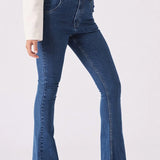 Lyra High Waisted Frayed Hem Flare Jeans - Mid Blue Denim