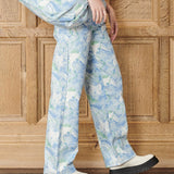 Kendall Marble Straight Wide Leg Jeans - Blue