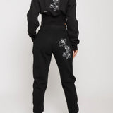 Cleo Embroidered Tapered Joggers Floral Detail - Black
