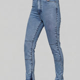 Triadia High Waisted Petite Skinny Jeans - Light Blue