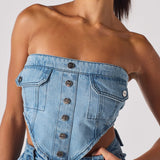 Ashline Denim Pocket Corset Lace Up Back - Light Blue Wash