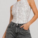 Lyra Printed Racer Neck Bodysuit - Light Grey